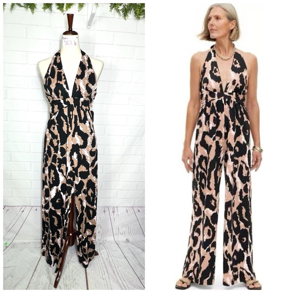 NWOT |•DIANE VON FURSTENBERG•| DVF x Target Halter Leopard Neutral Jumpsuit Sz S - Picture 1 of 7